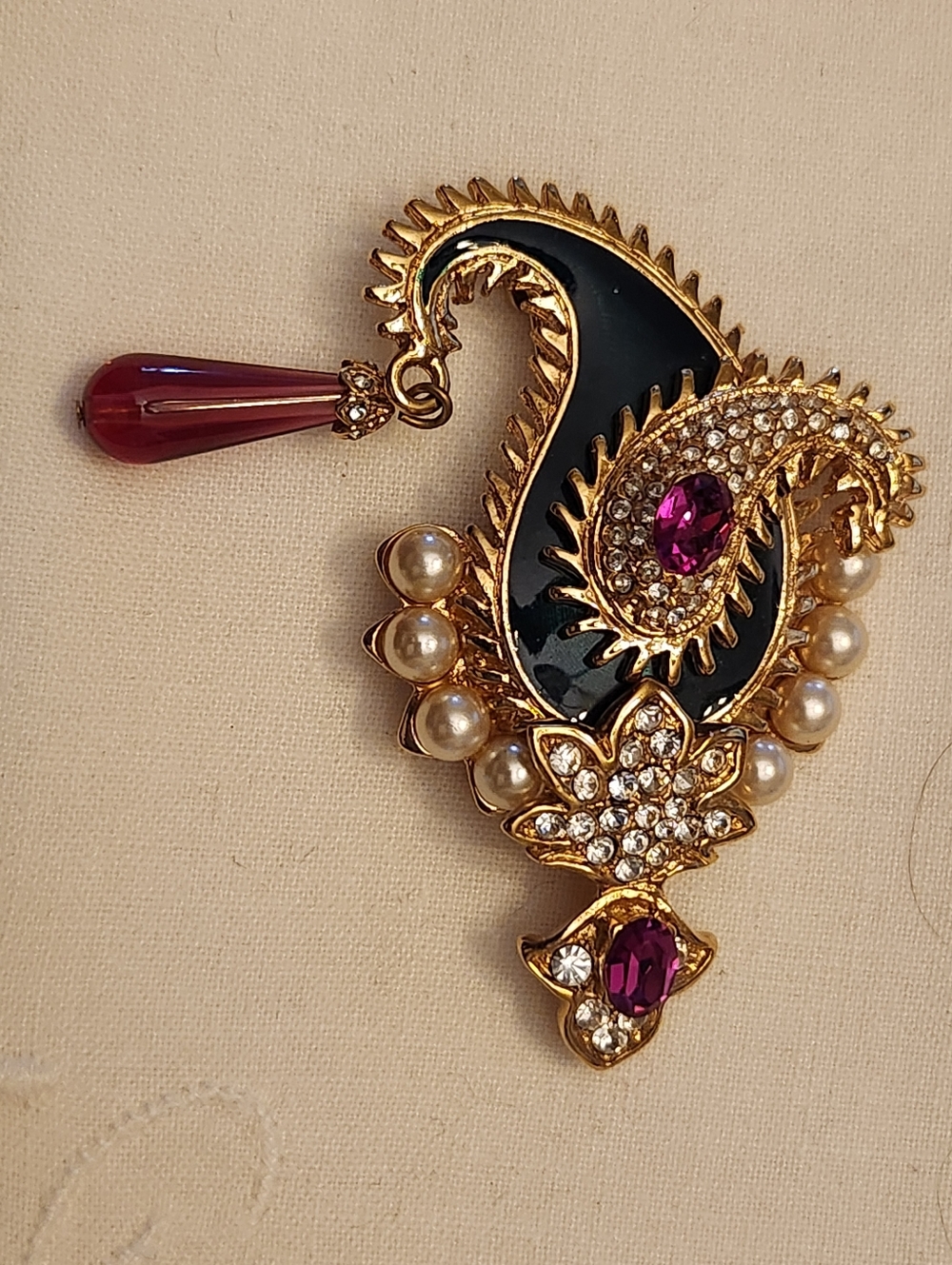 Kenneth Jay Lane Brooch Paisley Marahani Moghul Pink Green Gold Tone Pin Vintage